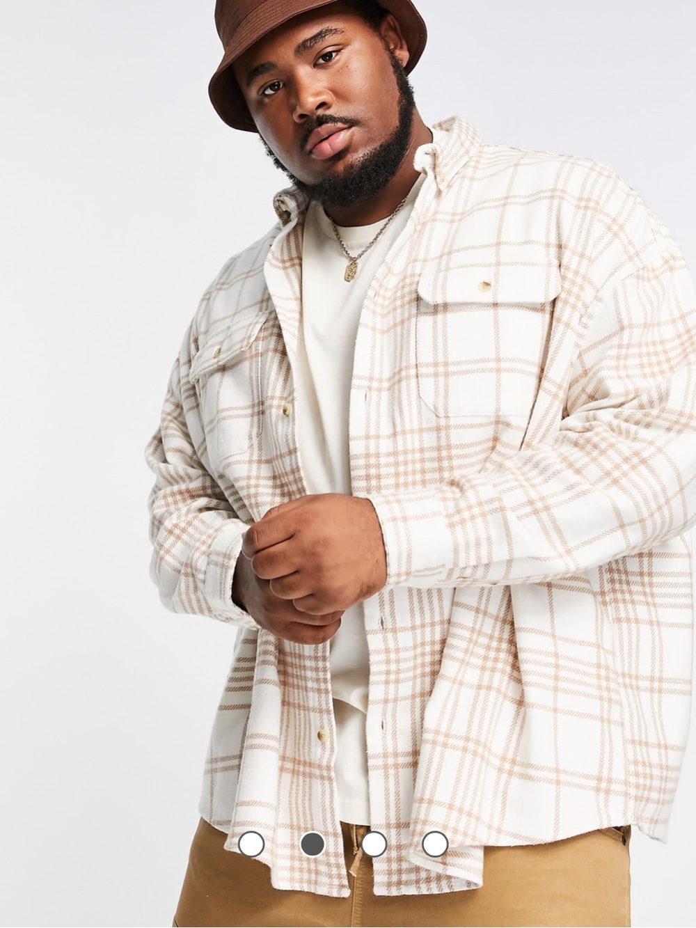 ASOS Design Men's Extreme Oversized Cream Plaid Flannel Button-Front Shirt L